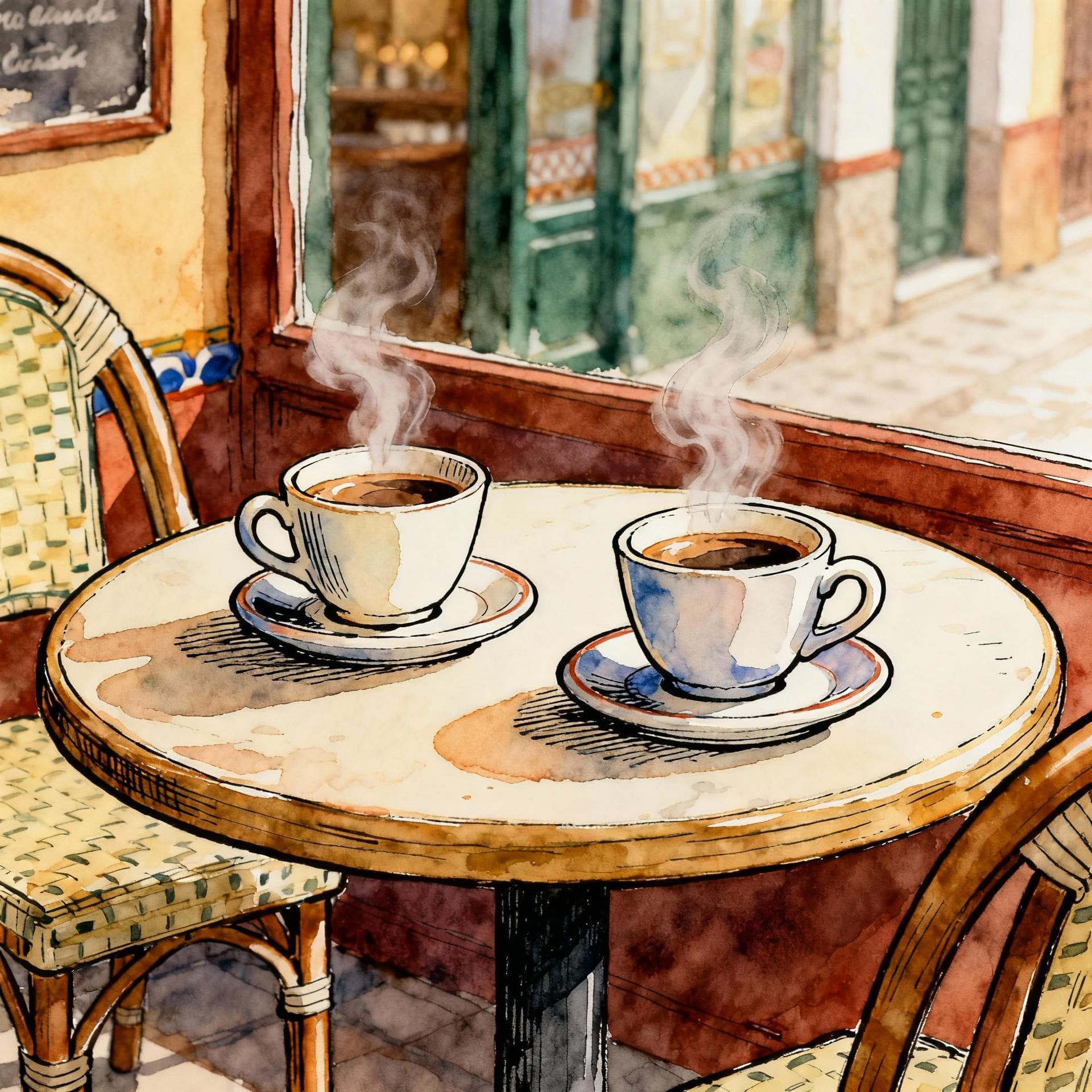 Two steaming coffee cups on a café table