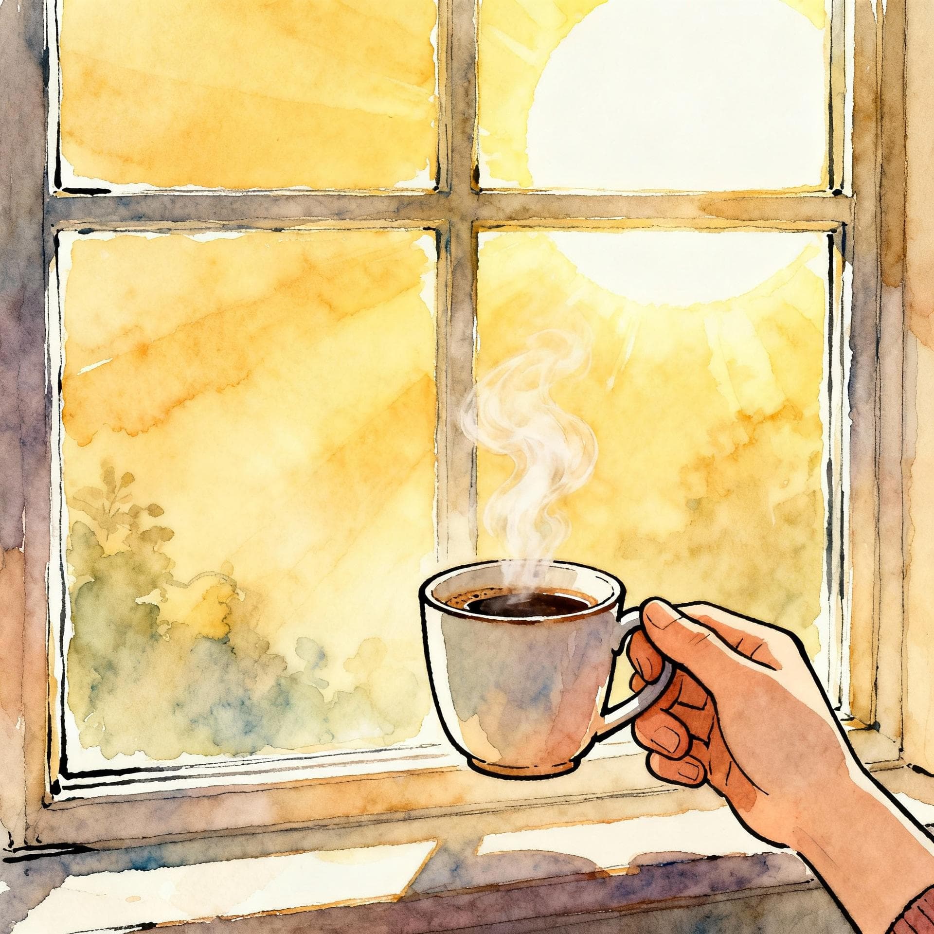 A person drinking coffee and looking out a window at the start of a bright morning