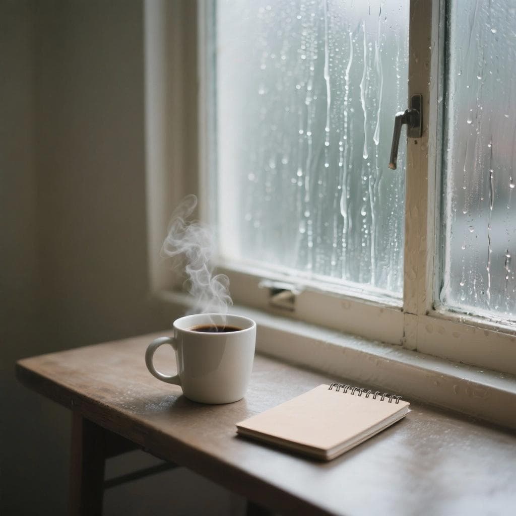 A steaming cup of coffee next to an open window on a rainy day