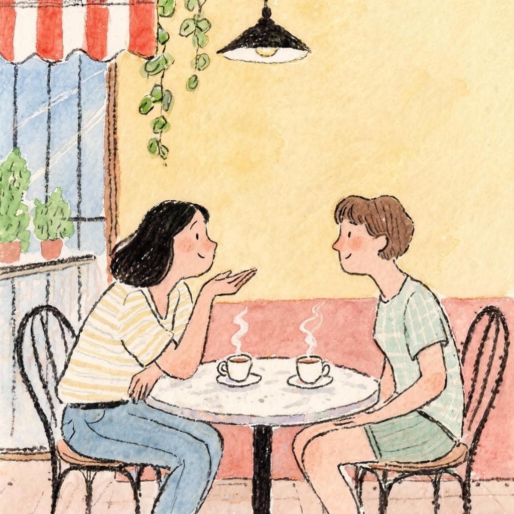 Two friends chatting politely in a cafe