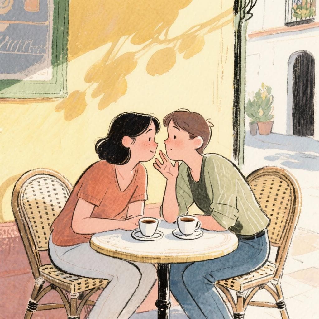 Two friends chatting intensely over coffee in a Spanish café