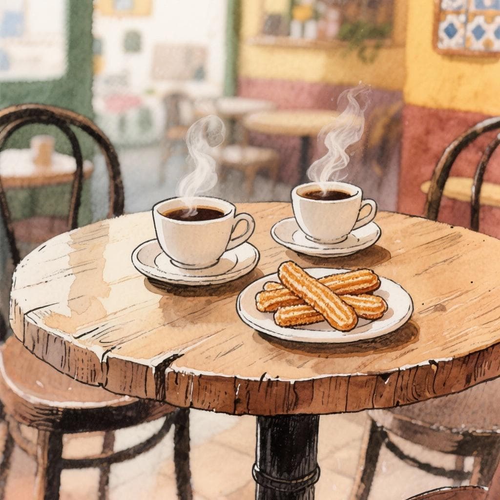 Cozy Spanish café scene with two cups of coffee