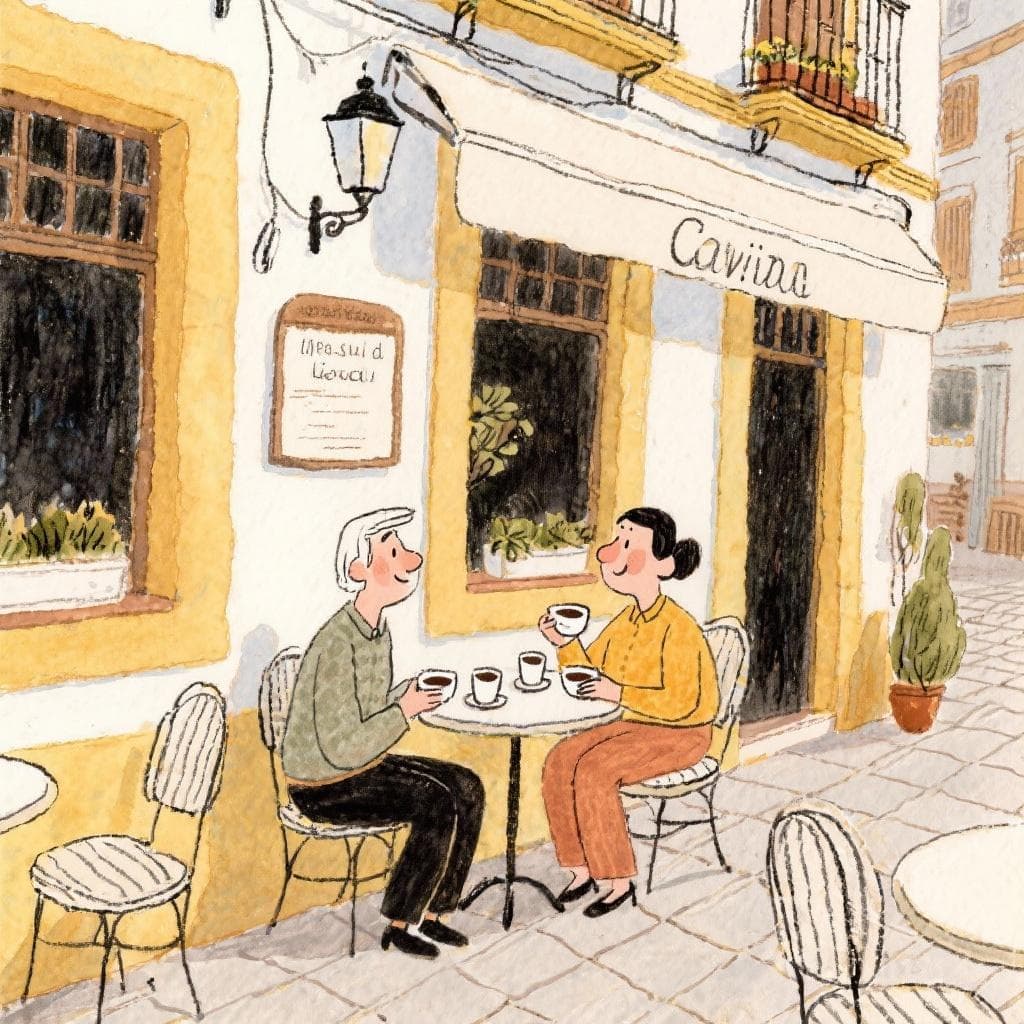 Two friends happily chatting and enjoying coffee at a Spanish cafe