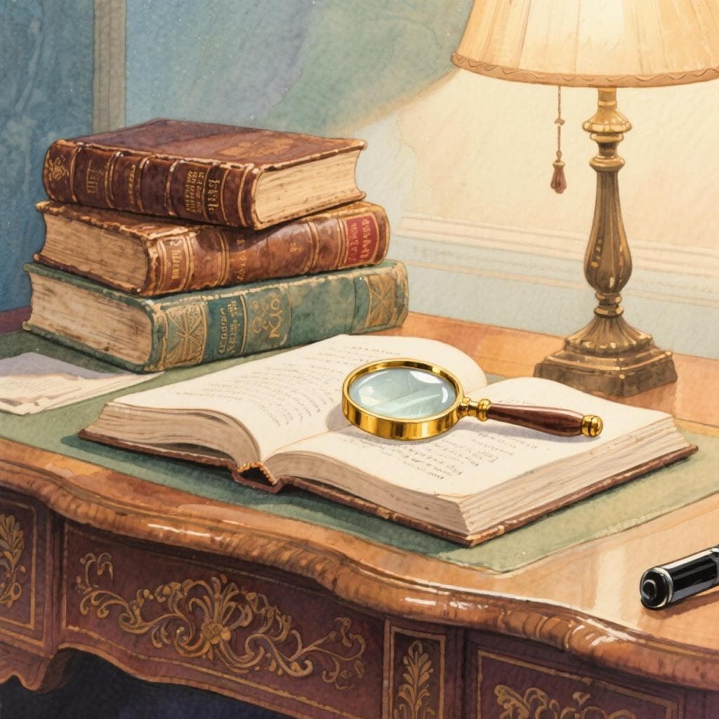 A stack of old, leather-bound books and an antique magnifying glass