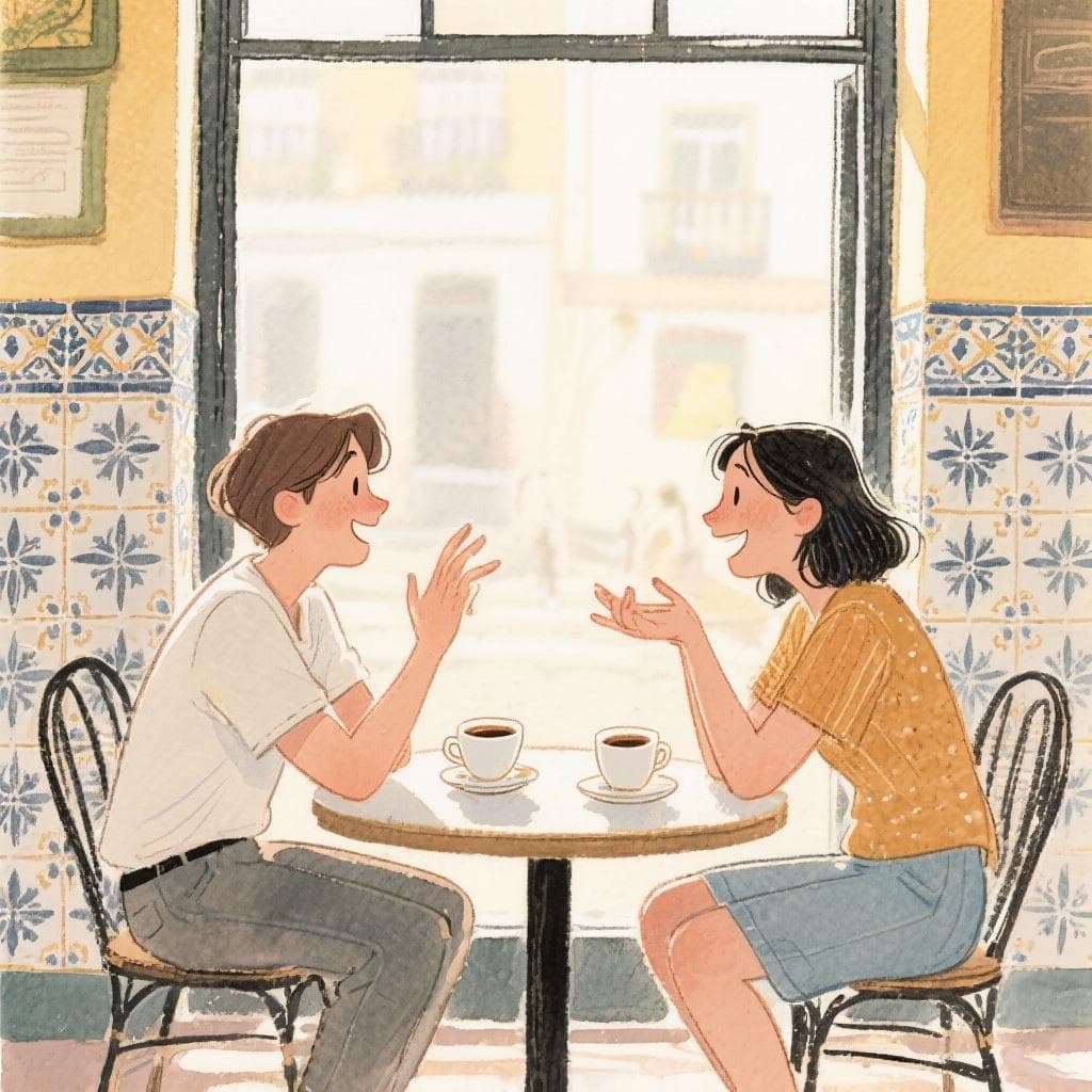 Two friends chatting intensely over coffee in a sunny café