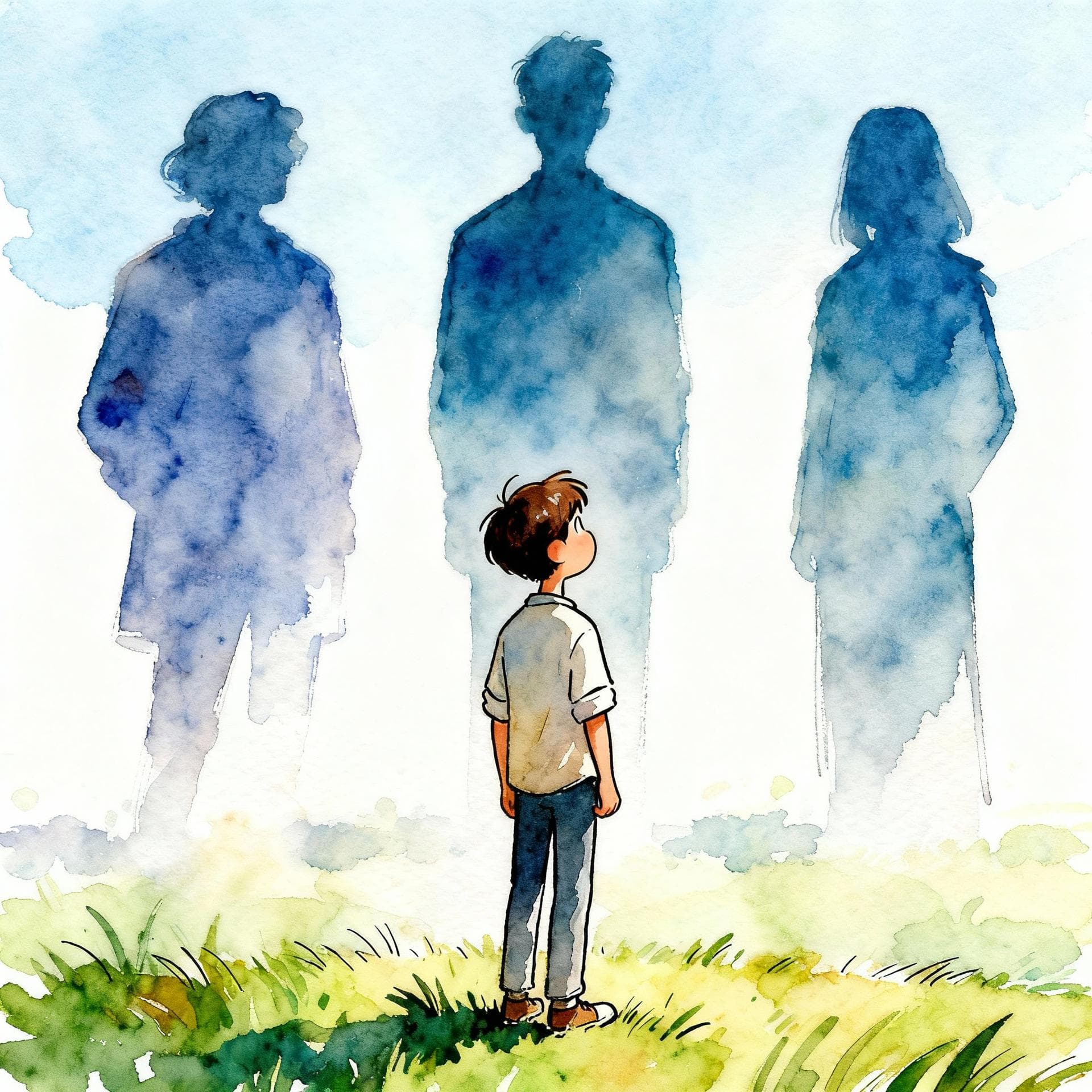 A person looking toward three ambiguous figures in the distance