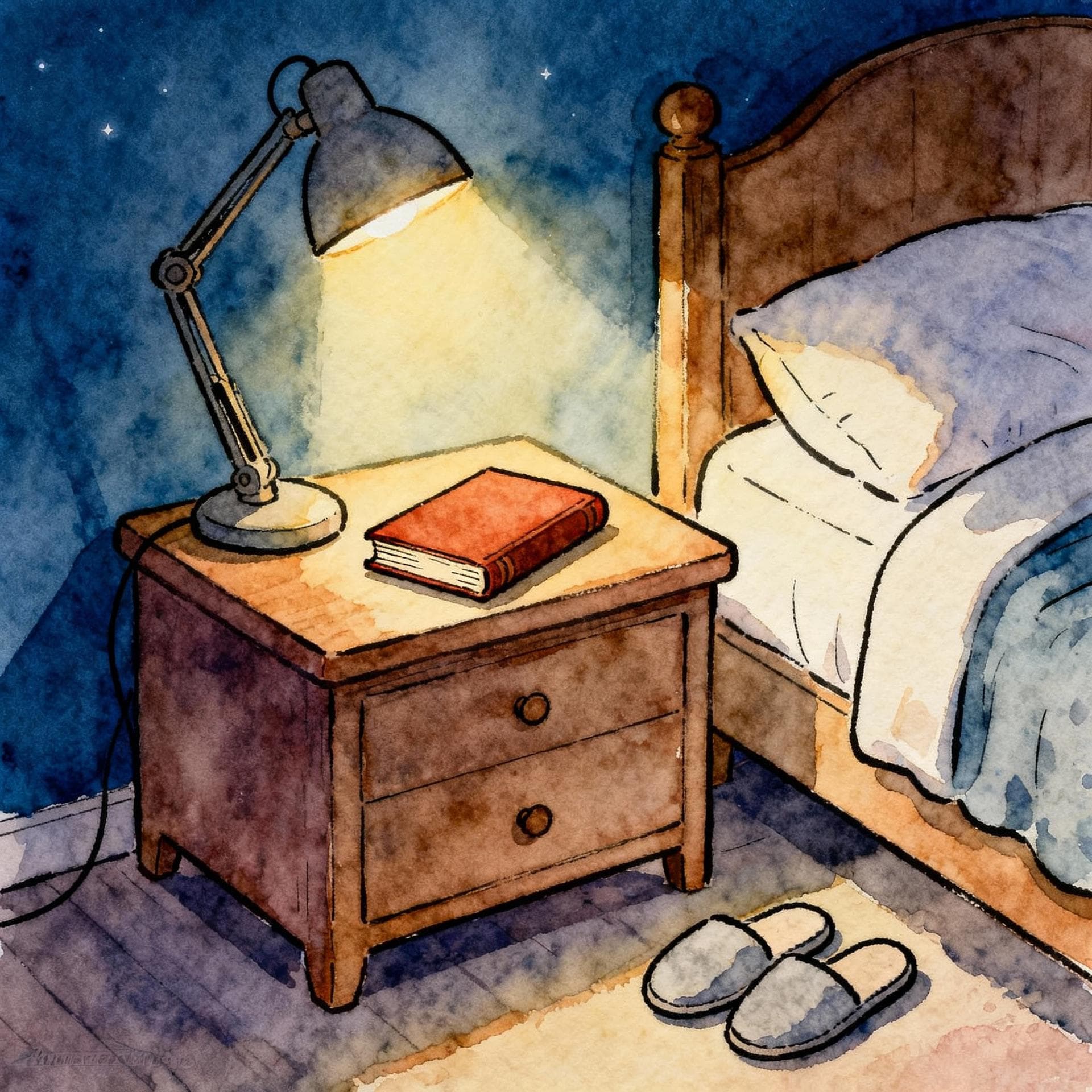 A cozy bedroom scene with soft lamplight and a book