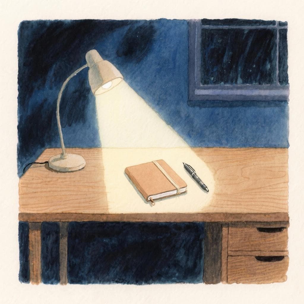 An organized student desk with notes and a lamp