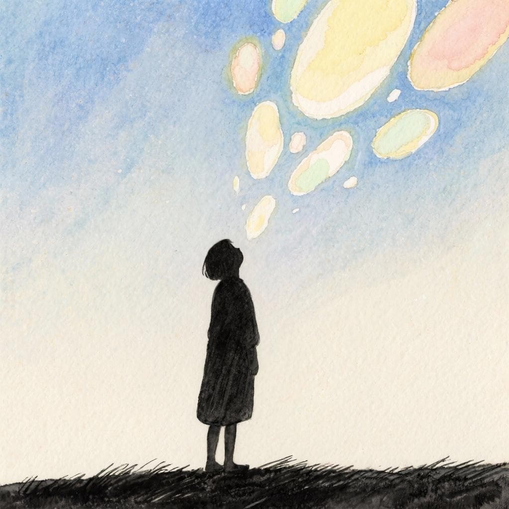 A person looking up at a cloud of floating abstract shapes