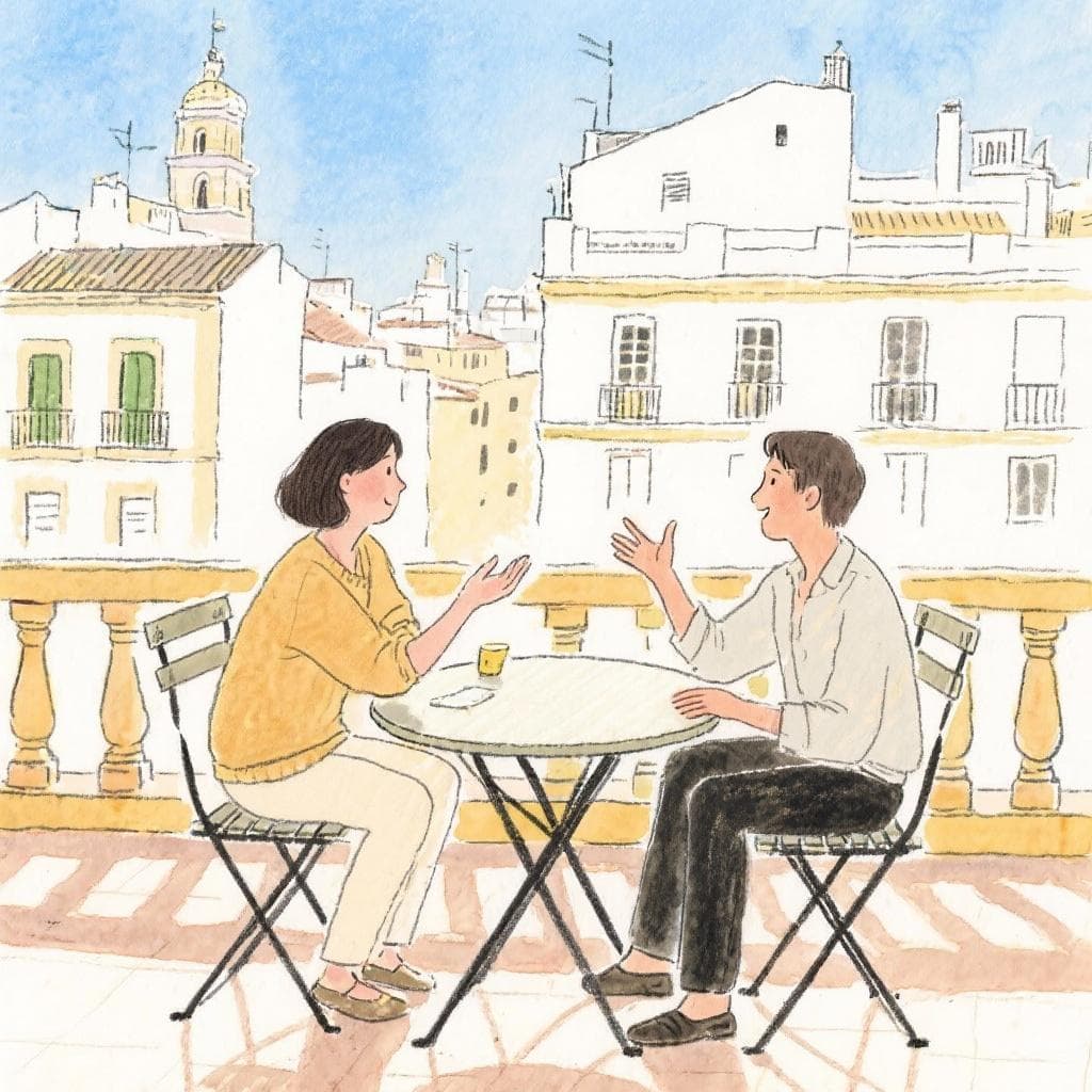 Two friends chatting intensely at a Spanish café