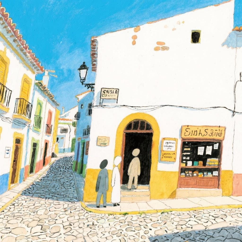 Sunny Spanish street scene with colorful buildings and abstract figures