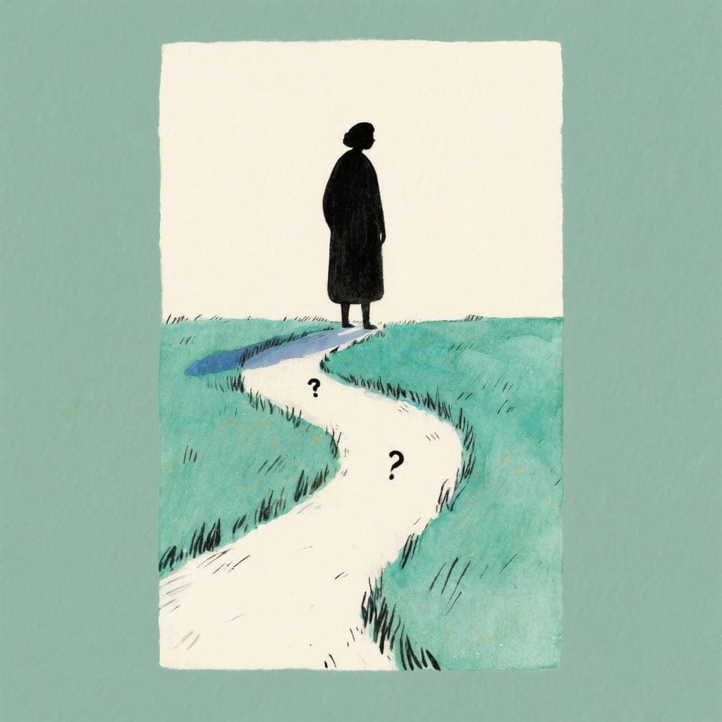 A person standing at a fork in a road, looking uncertainly at both paths.