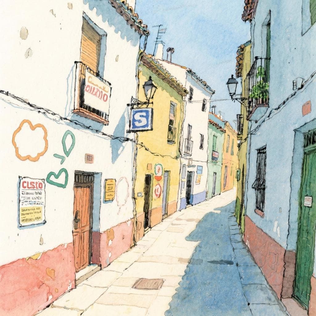 Spanish street scene with colorful buildings