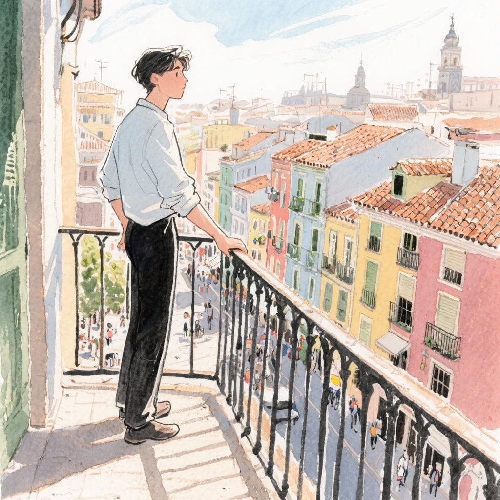 A person standing confidently on a balcony overlooking a Spanish city street