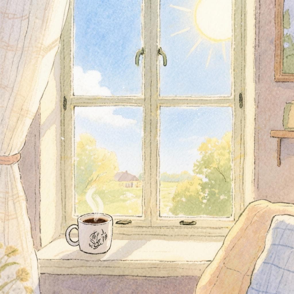 A person looking out a window at a sunrise or early day scene