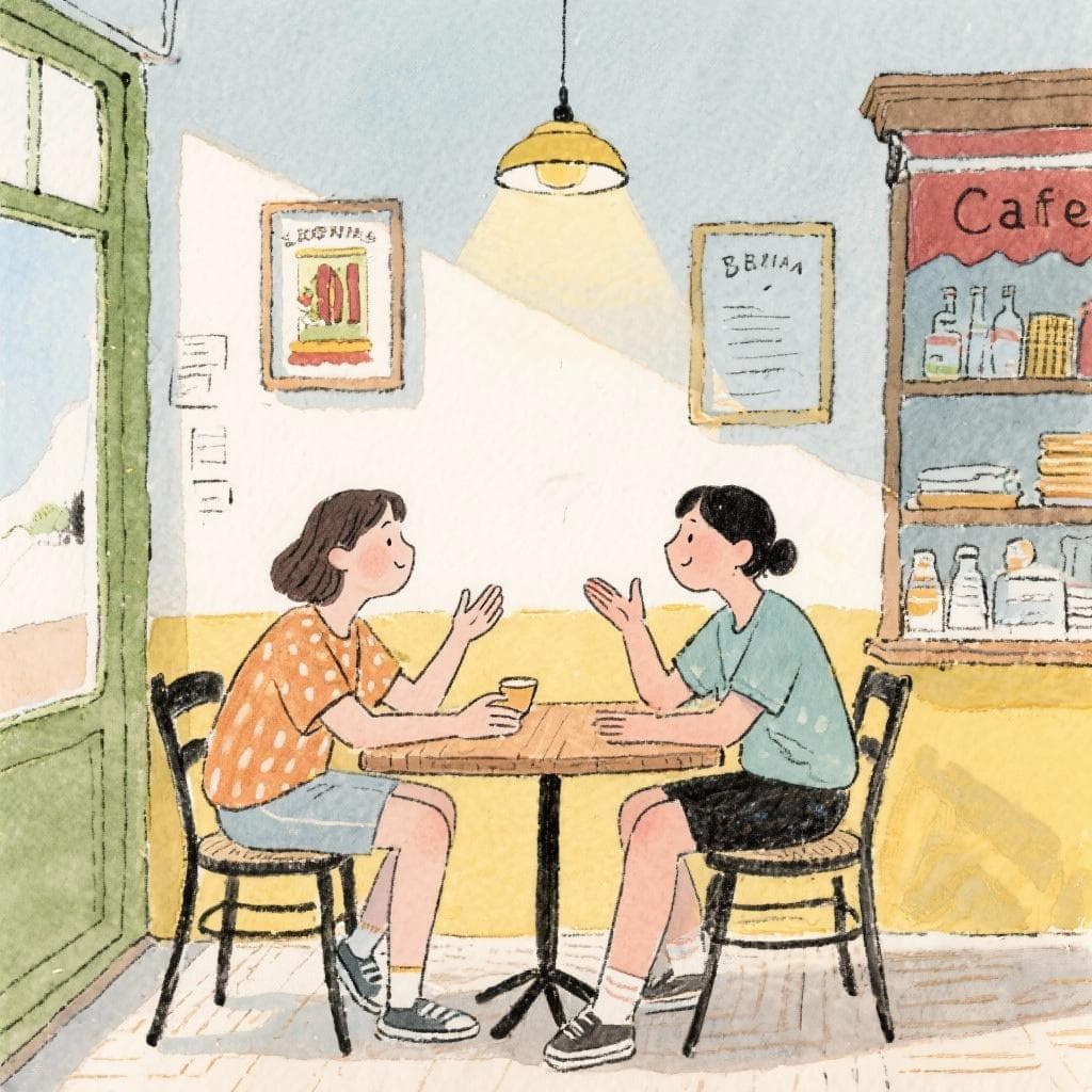 Two people engaged in a lively conversation at a Spanish-style cafe