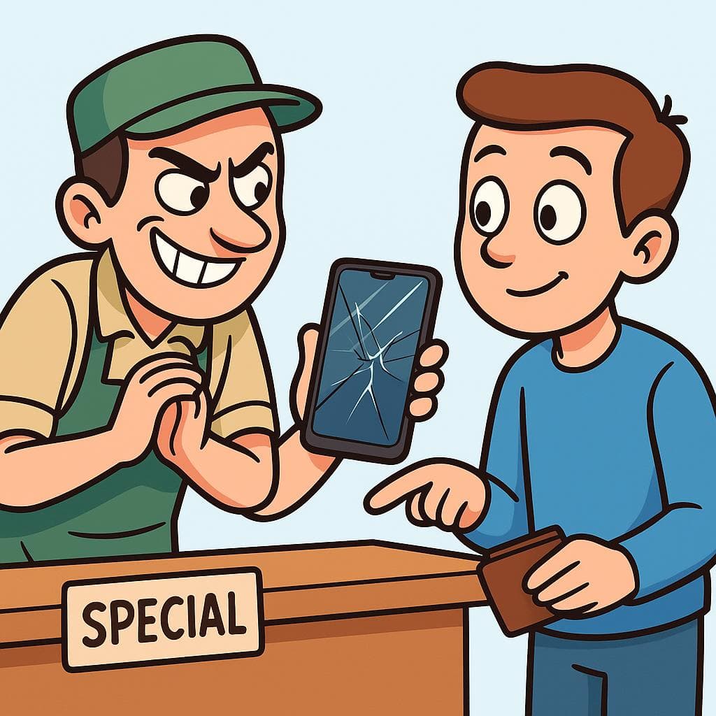 The actual meaning of 'meter la mula', showing a shady vendor selling a broken phone to an unsuspecting customer.