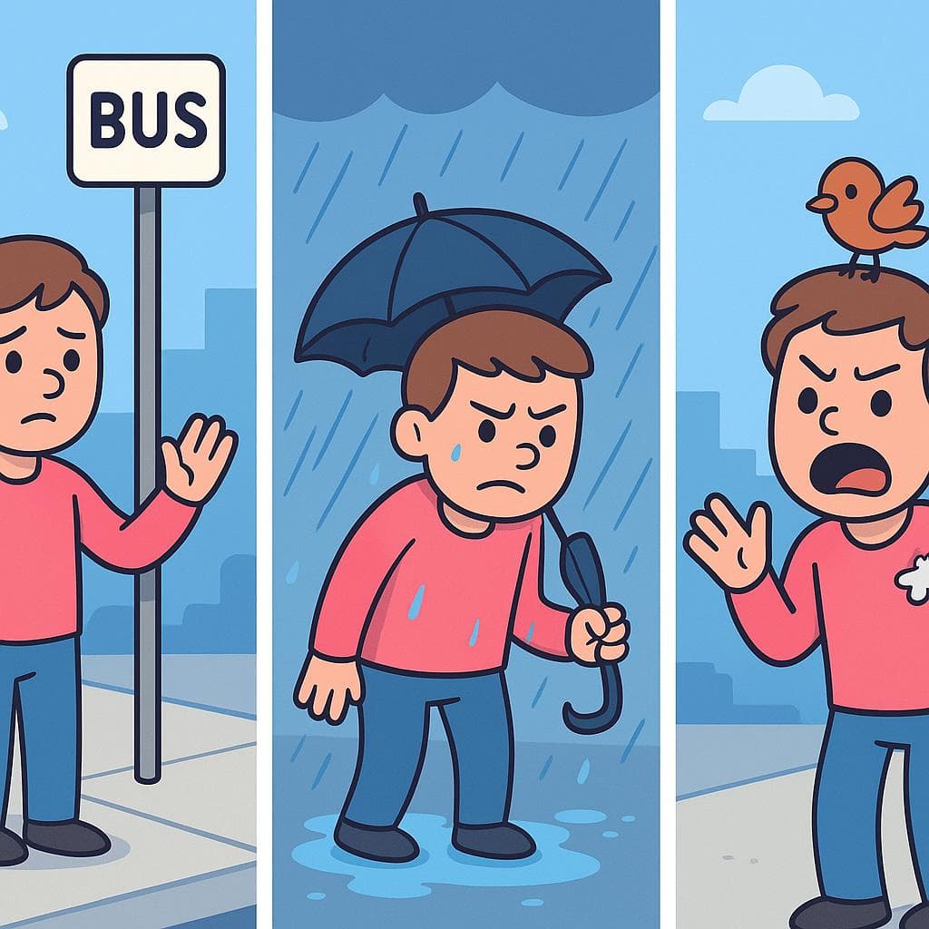 The figurative meaning of the idiom, showing a person looking extremely frustrated after a series of minor annoyances, culminating in one final small problem.