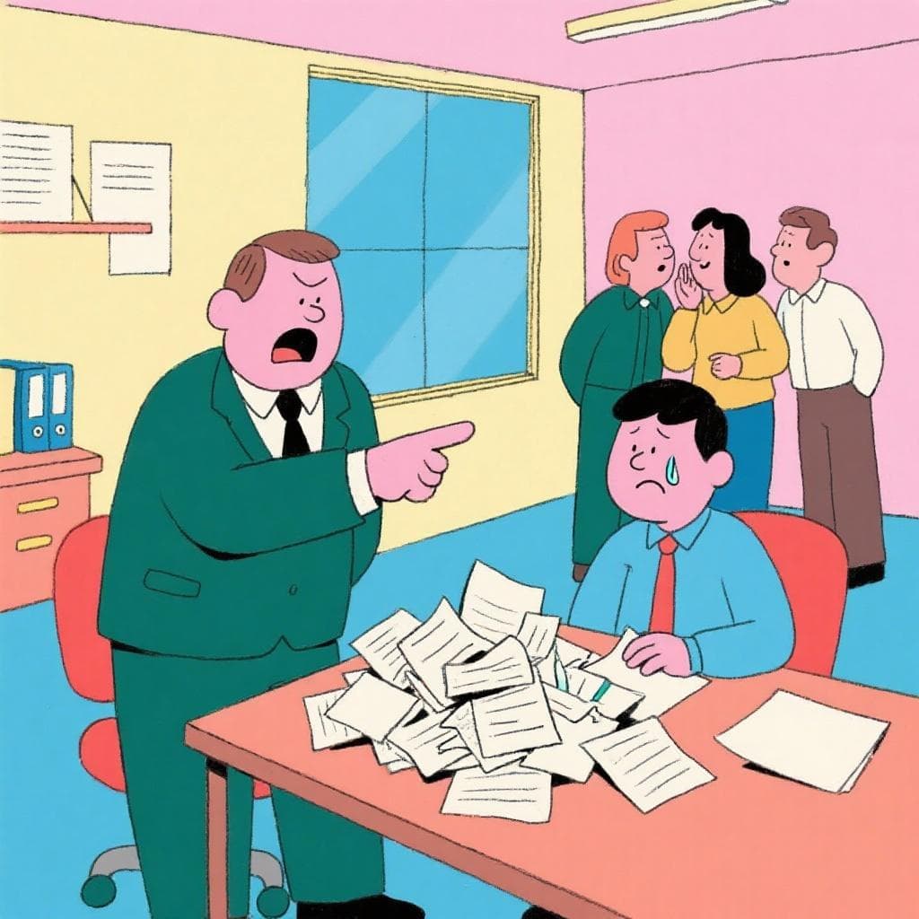 The actual meaning of 'cargar con el muerto', showing a dejected office worker being blamed by a boss for a mistake.