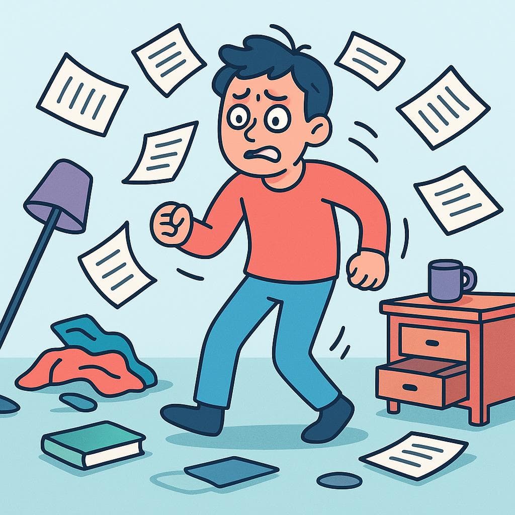 A person looking flustered and running back and forth in a chaotic room, representing the feeling of being disoriented.