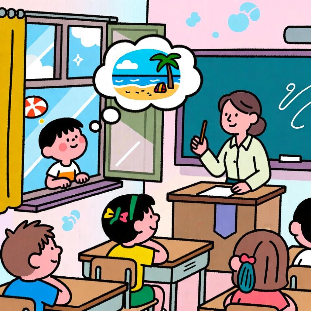 The figurative meaning of 'estar en las nubes', showing a student in a classroom staring out the window, daydreaming, while the teacher talks.