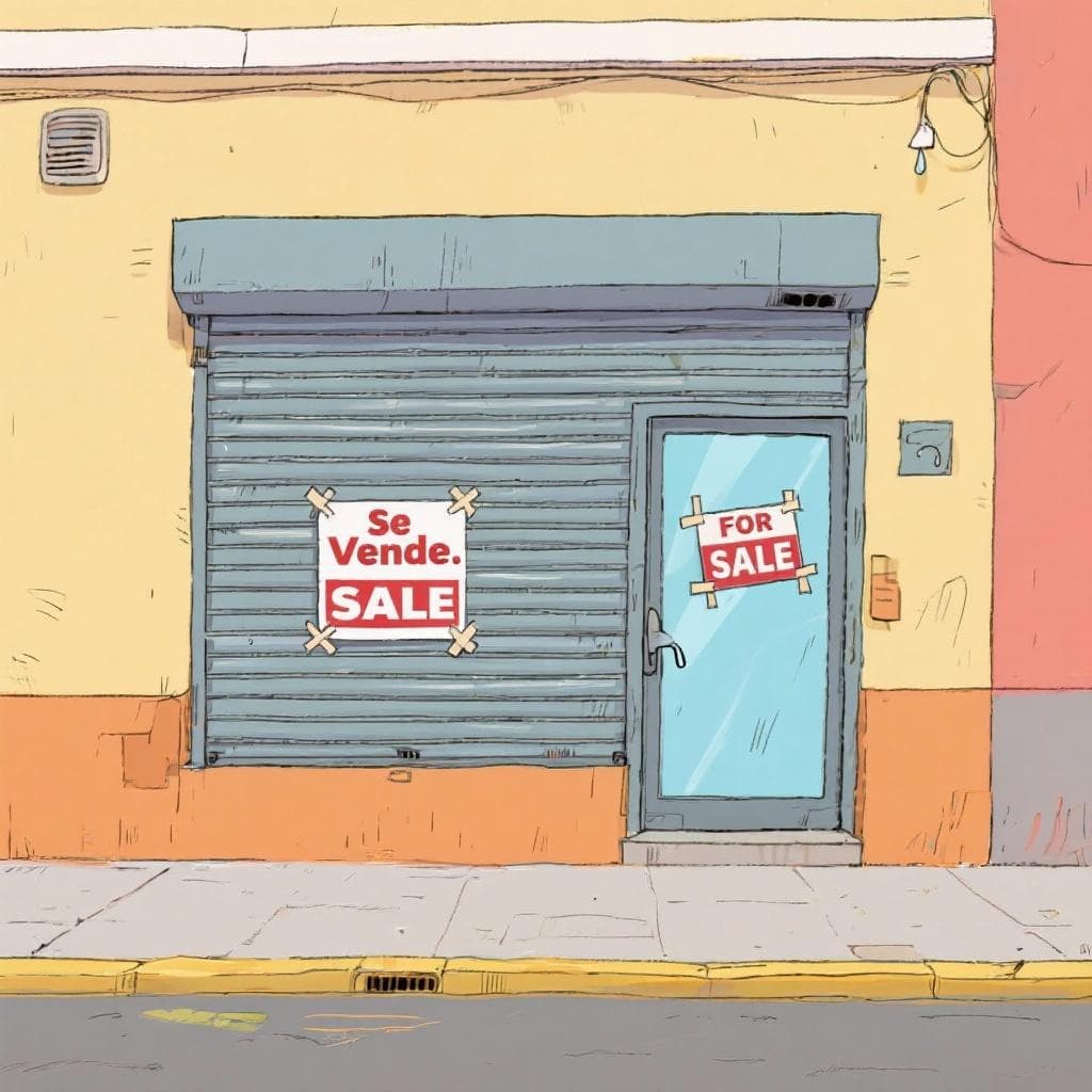 The figurative meaning of 'bajar la persiana', showing a closed shop with a 'For Sale' sign on it.