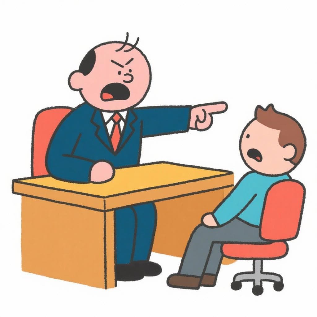 The figurative meaning of 'bajar la caña', showing an angry boss scolding an employee.