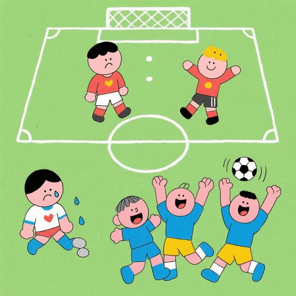 The figurative meaning of 'dar la vuelta a la tortilla', showing a losing soccer team celebrating a surprise winning goal.