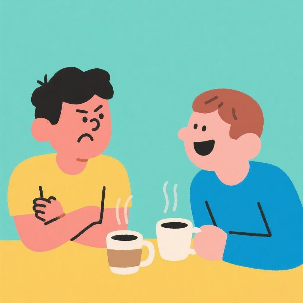 The figurative meaning of 'bajar la guardia', showing a person relaxing and opening up to a friend over coffee.