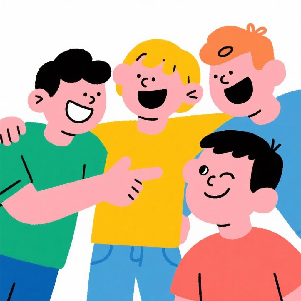 The actual meaning of 'echar carrilla', showing a group of friends laughing while playfully teasing one of their members.