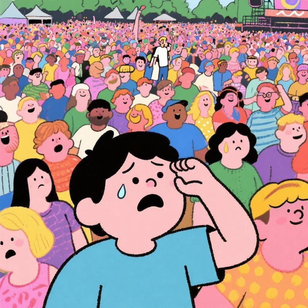The figurative meaning of 'buscar una aguja en un pajar', showing a person overwhelmed by trying to find a friend in a huge crowd.