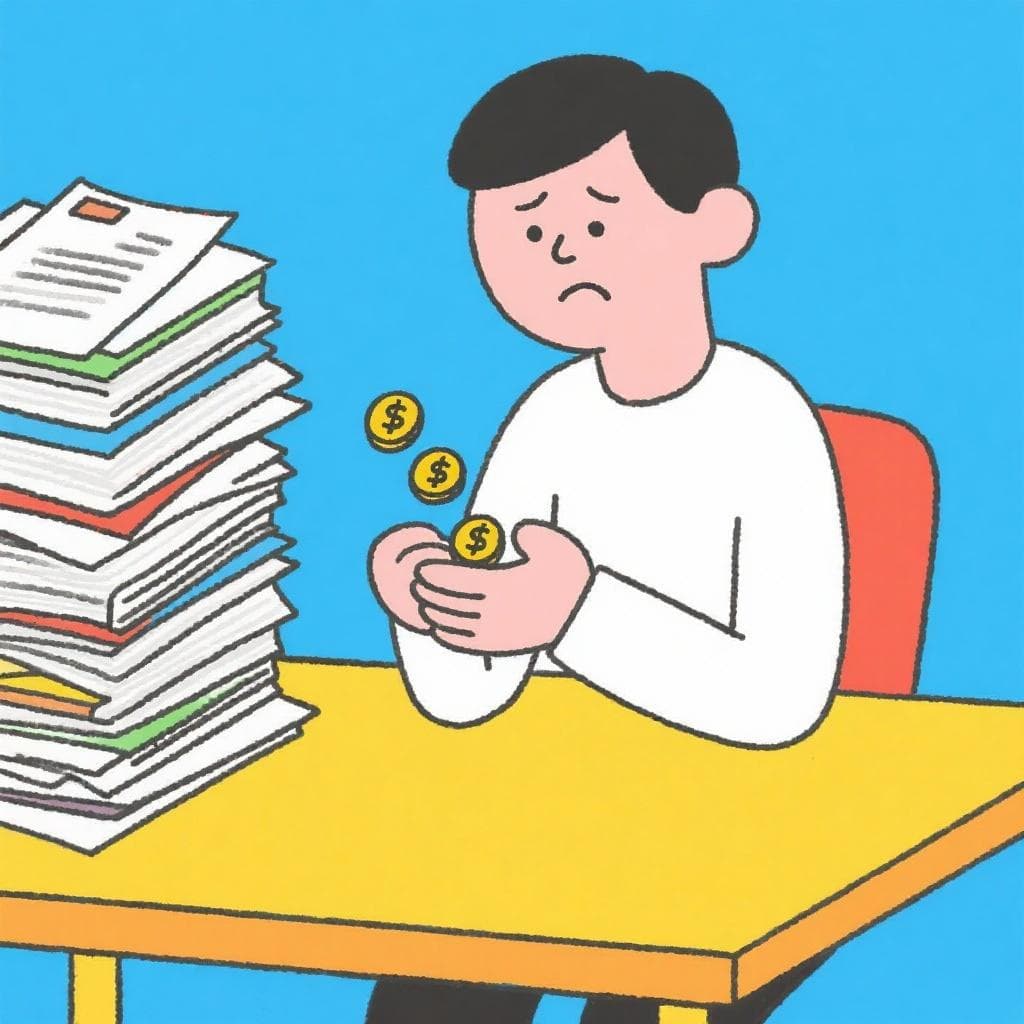 The figurative meaning of 'chaucha y palitos', showing a person looking sadly at a few coins as payment for a lot of work.