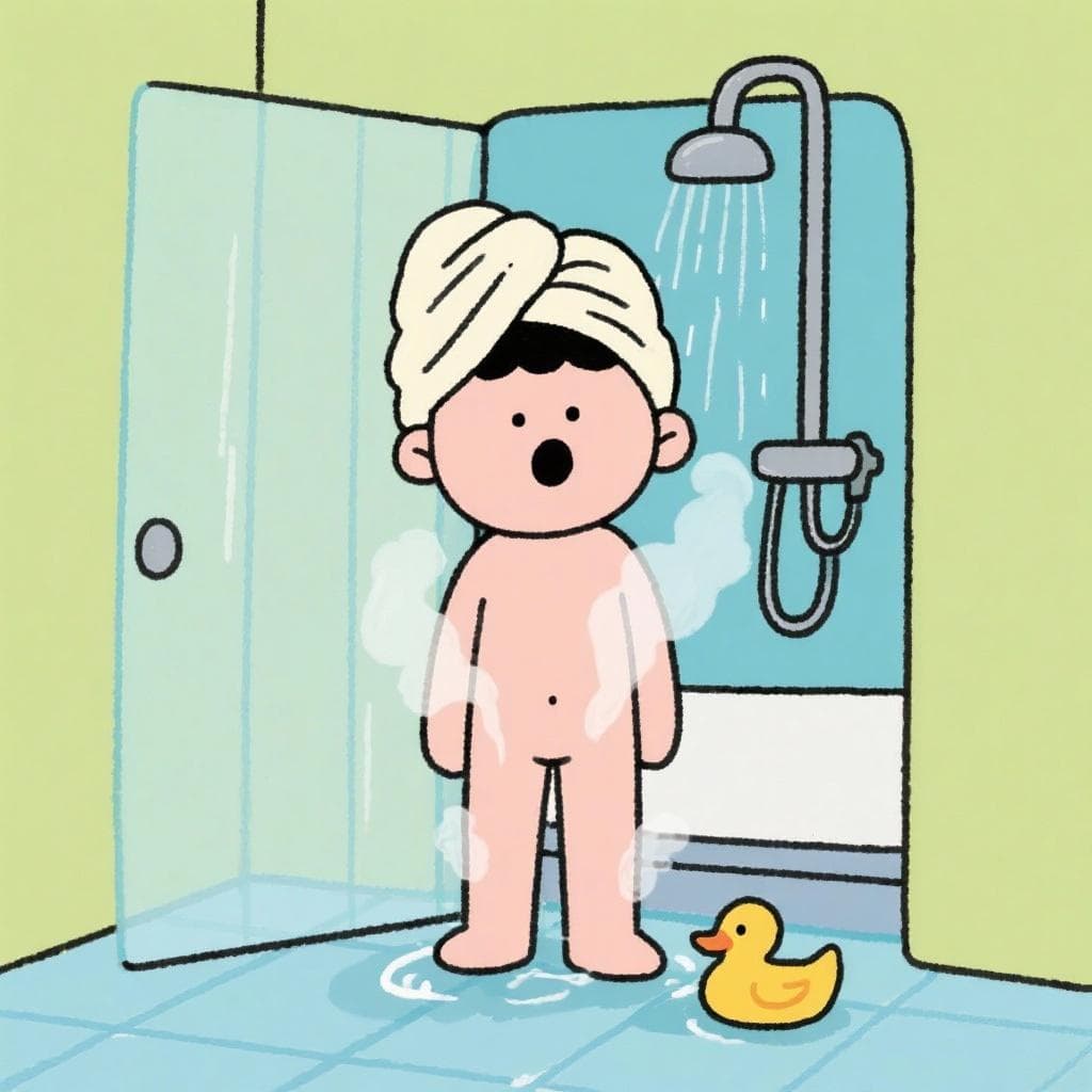 The actual meaning of 'estar en pelotas', showing a cartoon character who is clearly naked after a shower.
