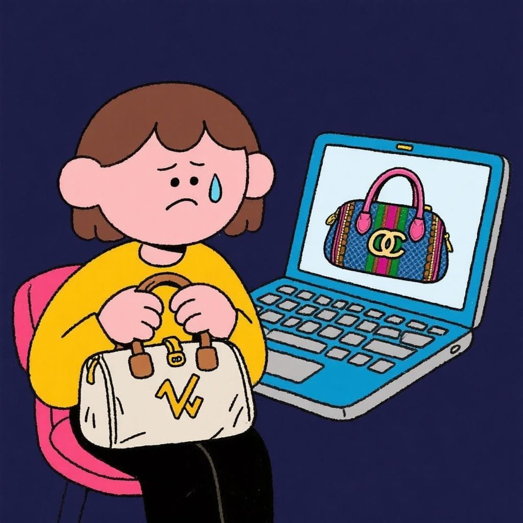 The actual meaning of 'dar gato por liebre', showing a person looking disappointed after buying a fake designer handbag online.