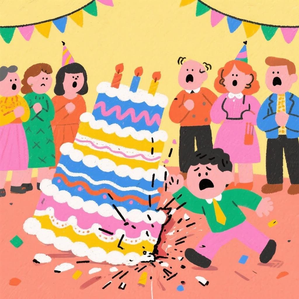 The actual meaning of 'liarla parda', showing a person who has accidentally caused a huge mess at a party by knocking over a cake.