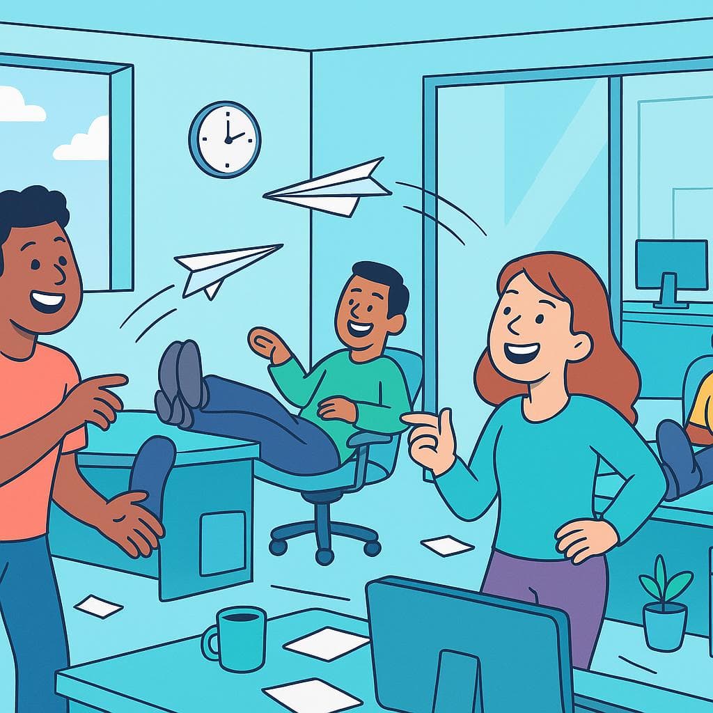 The figurative meaning of the idiom, showing office workers goofing off while their boss is away.