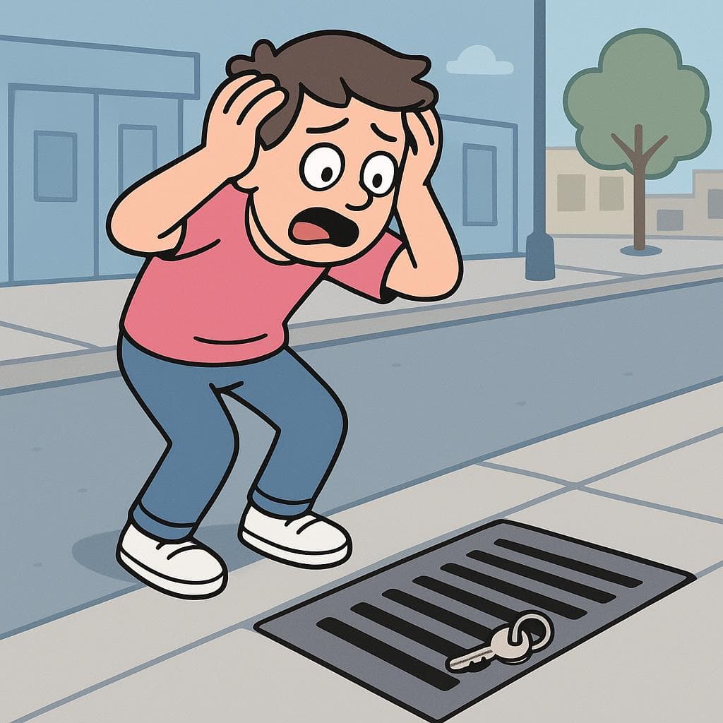 The figurative meaning of 'estar en el horno', showing a person looking stressed after dropping their car keys down a storm drain.
