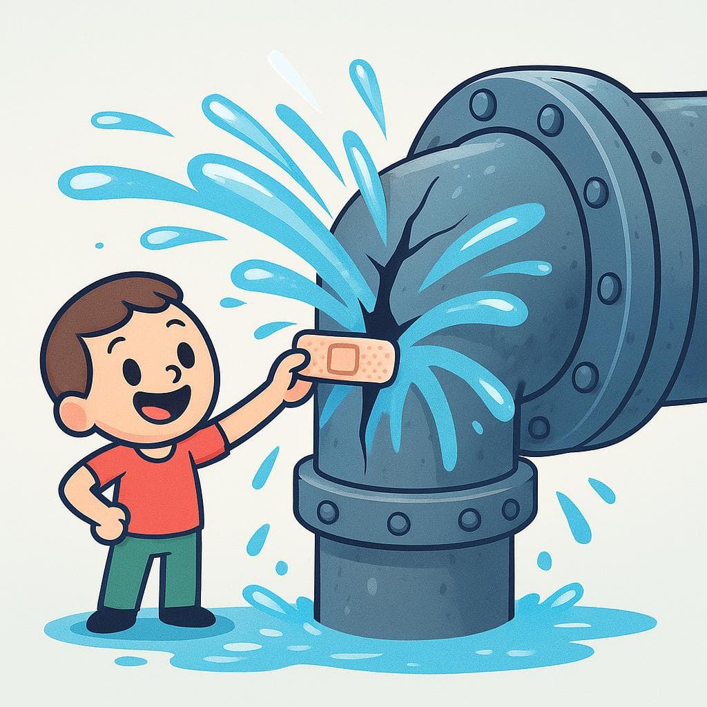 The figurative meaning, showing someone putting a tiny bandage on a huge, gushing pipe, representing an inadequate, temporary solution.