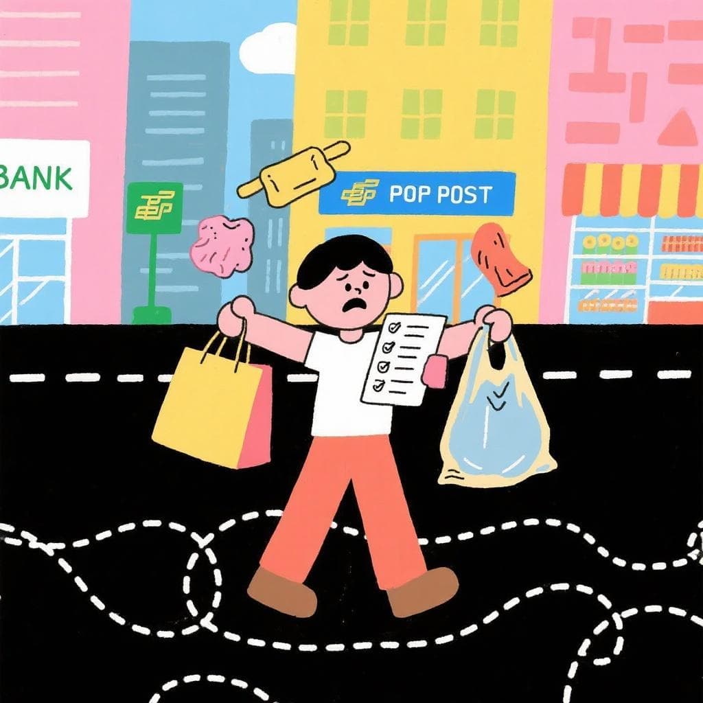 The actual meaning of 'De la Ceca a la Meca', showing a frazzled person running multiple errands in a city.