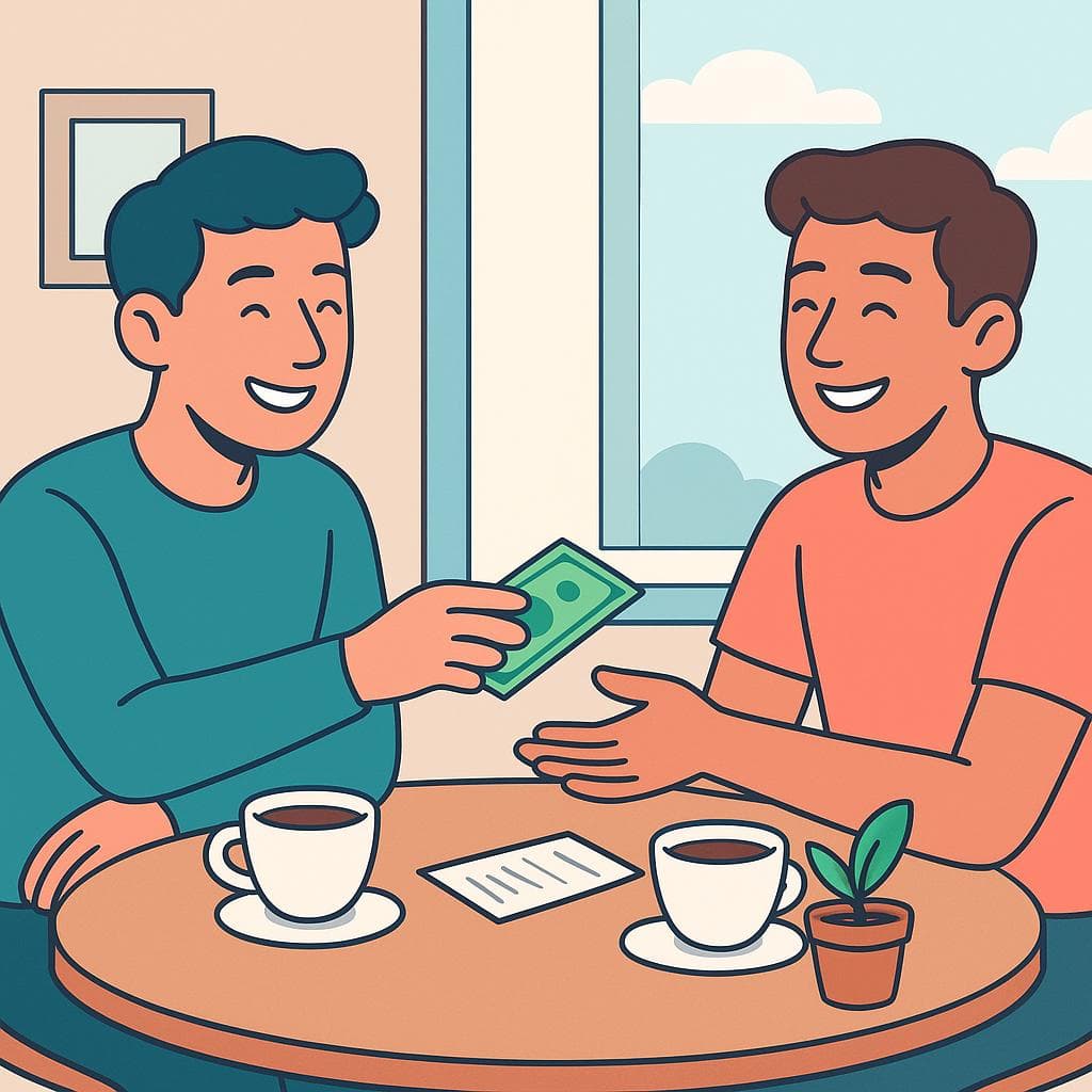 The actual meaning of the idiom, showing two friends amicably splitting a restaurant bill.