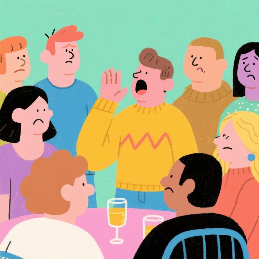 The actual meaning of 'creerse el ombligo del mundo', showing a person at a party ignoring everyone else and talking only about themselves.