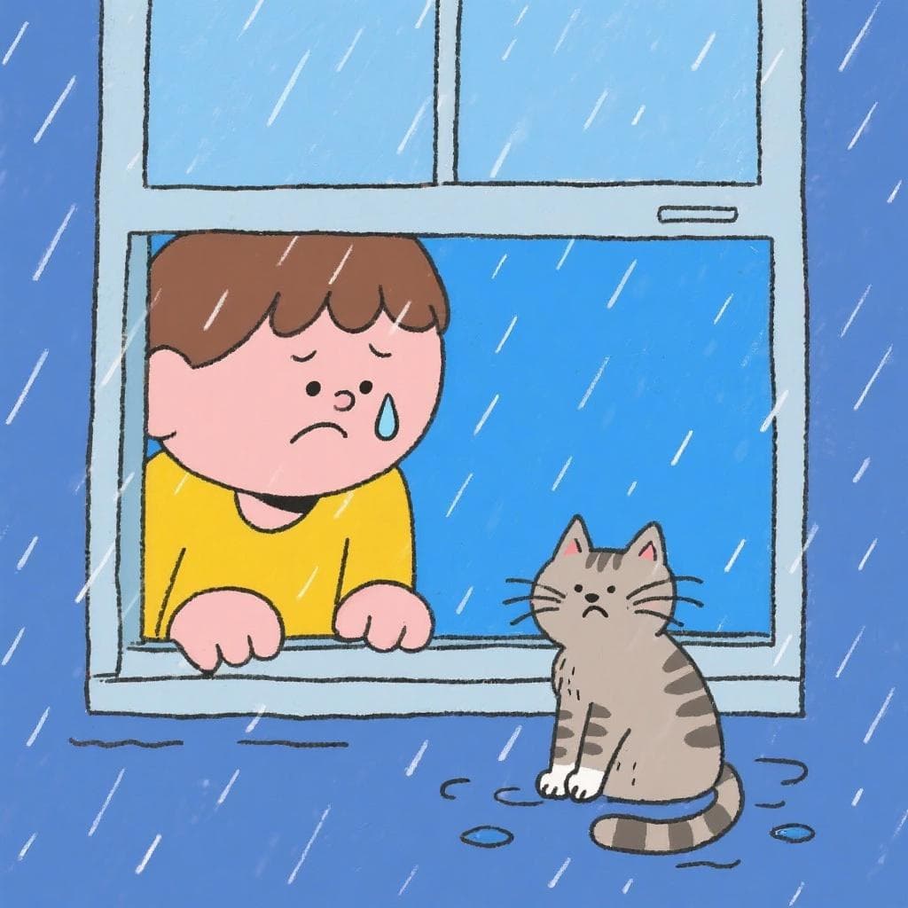 The figurative meaning of 'dar pena', showing a person looking with compassion at a small, shivering stray cat in the rain.