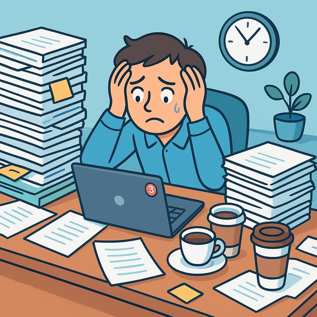 The actual meaning of 'estar hasta las manos', showing a stressed person at a desk overwhelmed with work.