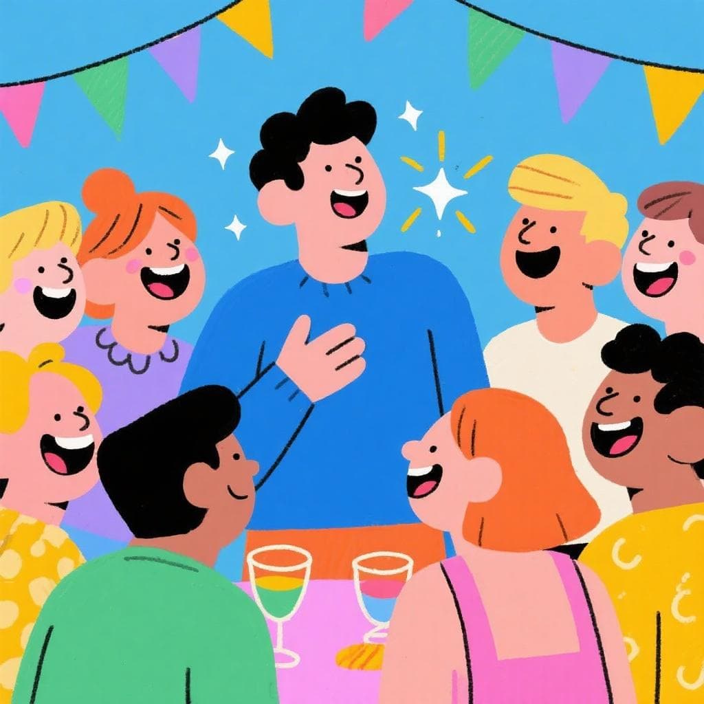 The figurative meaning of 'tener salero', showing a charming person telling a joke to laughing friends.