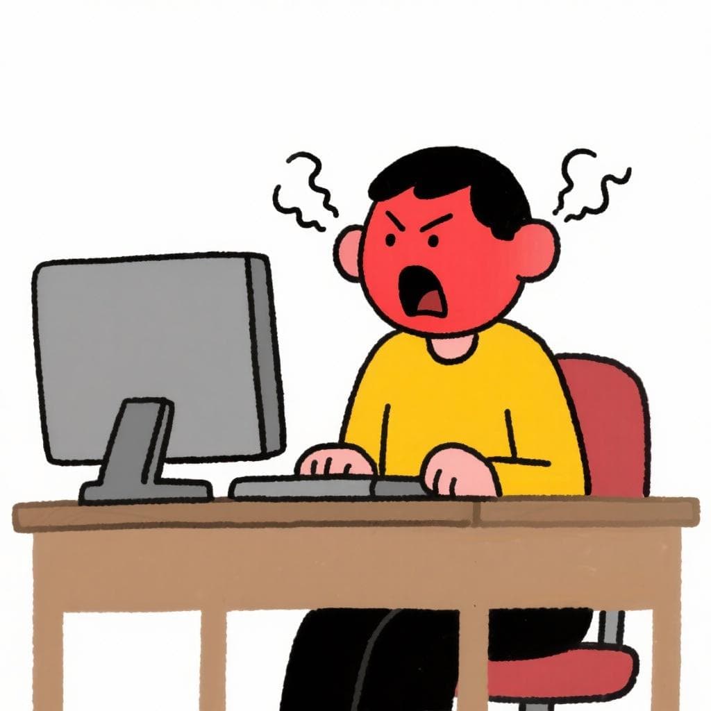 The actual meaning of 'ponerse como una fiera', showing a person yelling furiously at a computer screen.