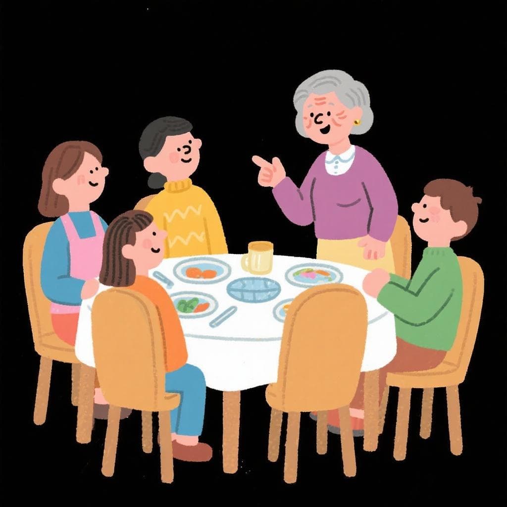 The figurative meaning of 'cortar el bacalao', showing a confident person leading a family discussion.