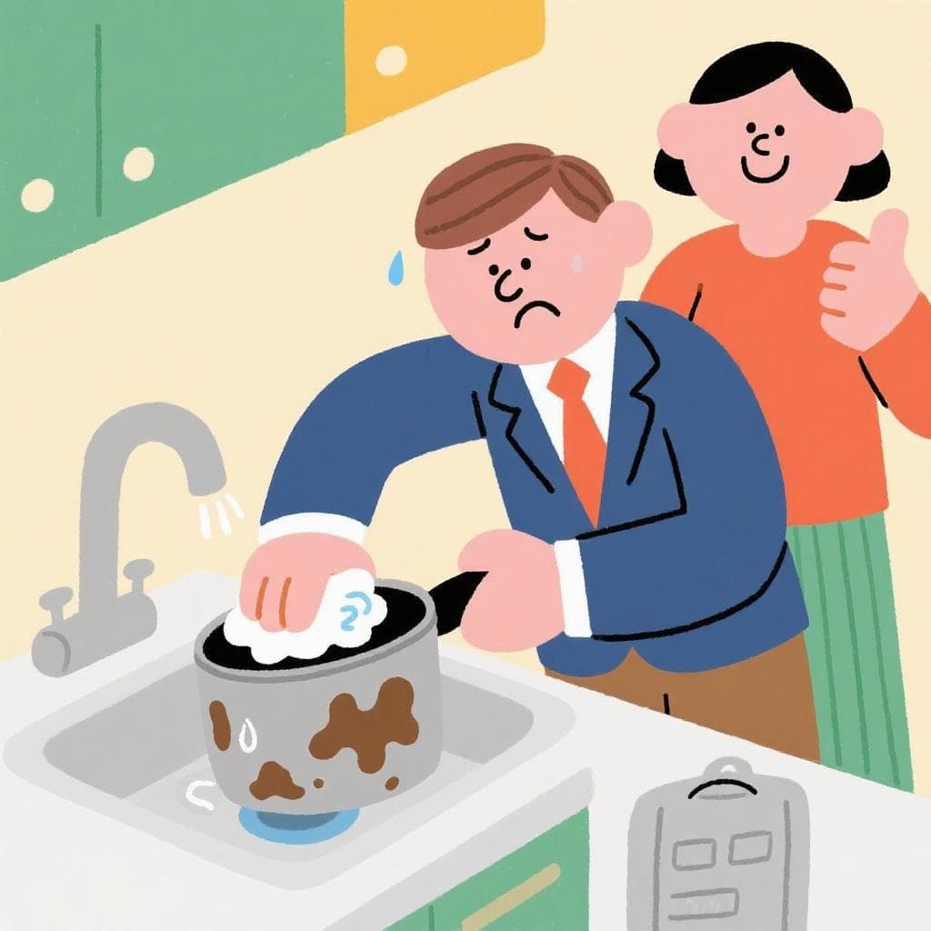 The figurative meaning, showing a well-dressed person reluctantly washing dishes.