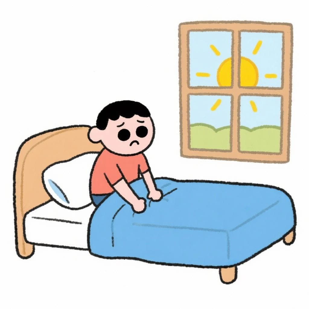 The figurative meaning of 'pasar la noche en blanco', showing a tired person with dark circles under their eyes as the sun rises.