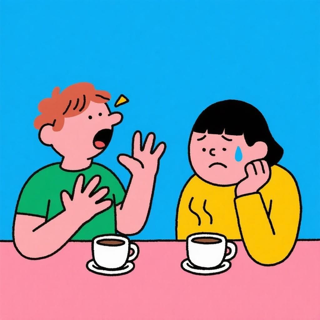 The actual meaning of 'hablar por los codos', showing a very talkative person dominating a conversation with a tired-looking friend.