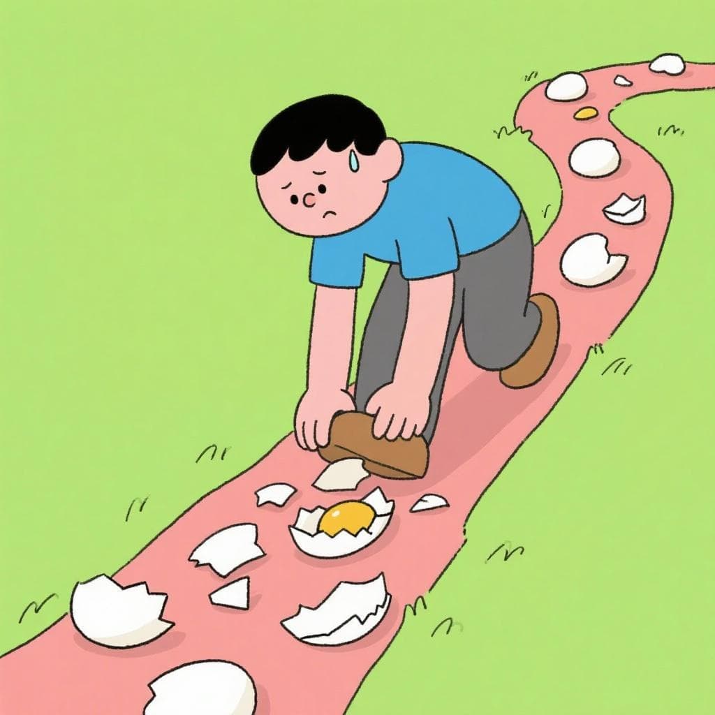 The actual meaning of 'andar con pies de plomo', showing a person carefully navigating a path made of fragile eggshells.